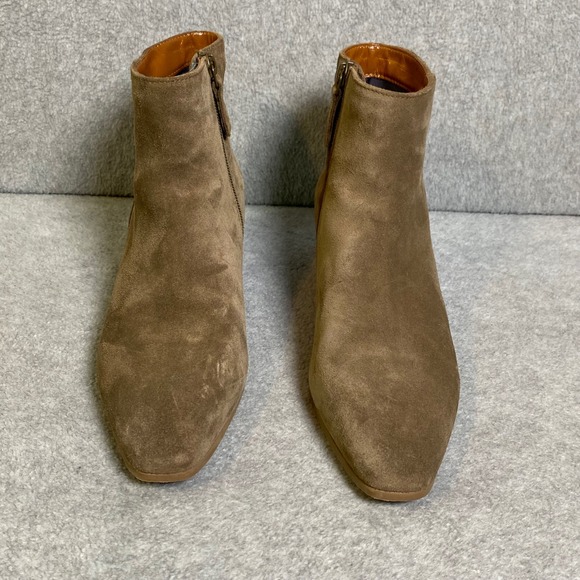 Aquatalia Shoes - Aquatalia Suede Ankle Boots Women's 8.5 Taupe Square Toe Italy Low Heel Zip EUC